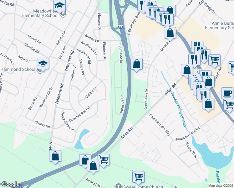 map of restaurants, bars, coffee shops, grocery stores, and more near 735 Burnside Drive in Columbia