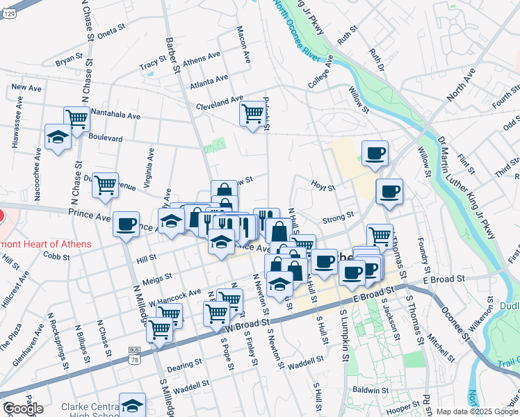 map of restaurants, bars, coffee shops, grocery stores, and more near 541 Pulaski Street in Athens