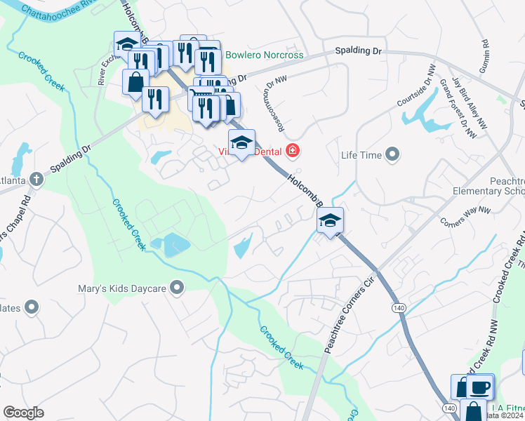 map of restaurants, bars, coffee shops, grocery stores, and more near 1303 Park Lake Lane in Norcross