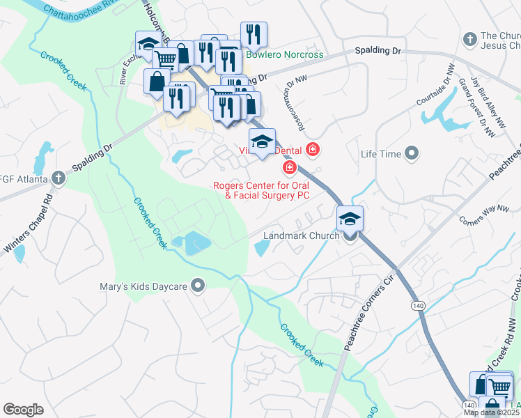 map of restaurants, bars, coffee shops, grocery stores, and more near 3827 Moran Way in Norcross