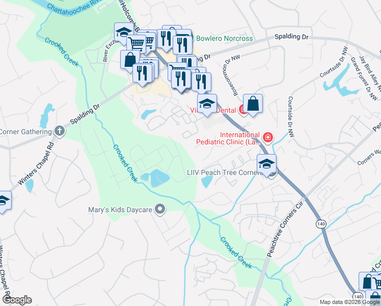 map of restaurants, bars, coffee shops, grocery stores, and more near 3816 Moran Way in Norcross