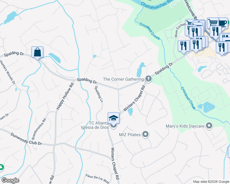 map of restaurants, bars, coffee shops, grocery stores, and more near 7635 Nesbit Ferry Road in Atlanta