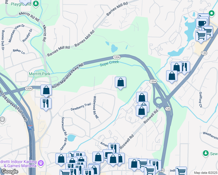 map of restaurants, bars, coffee shops, grocery stores, and more near 1644 Wildwood Road Northeast in Marietta
