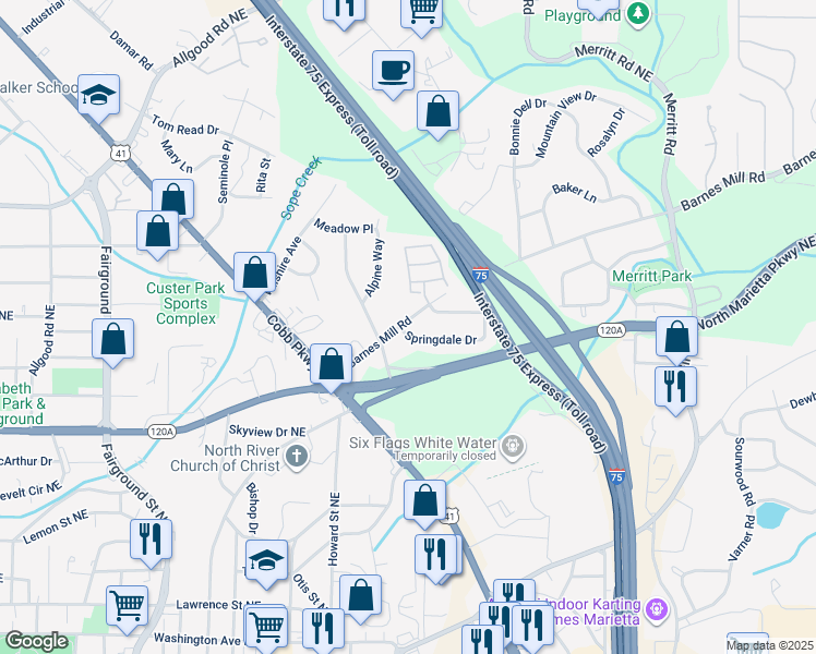map of restaurants, bars, coffee shops, grocery stores, and more near 926 Springdale Drive in Marietta