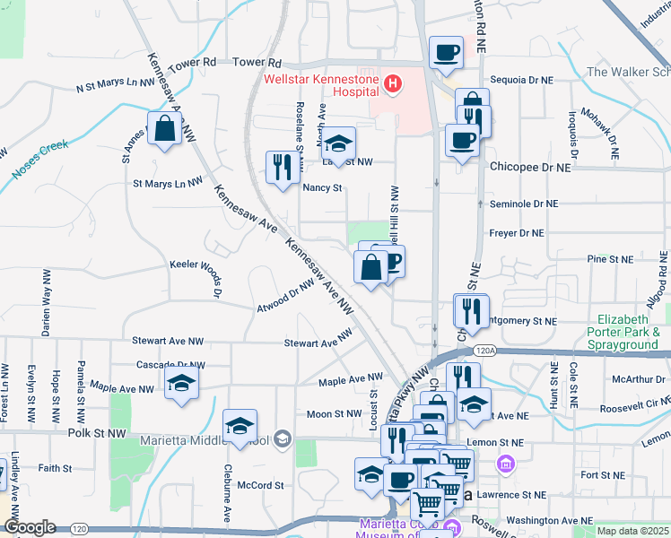 map of restaurants, bars, coffee shops, grocery stores, and more near 445 Sessions Street Northwest in Marietta