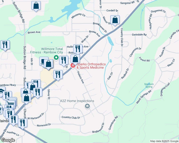 map of restaurants, bars, coffee shops, grocery stores, and more near 309 Meadow Street in Rainbow City