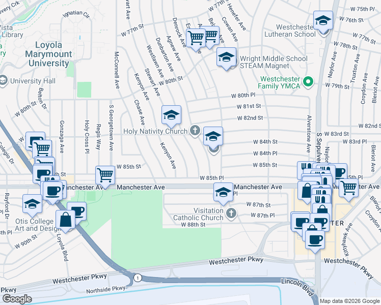 map of restaurants, bars, coffee shops, grocery stores, and more near 8337 Westlawn Avenue in Los Angeles