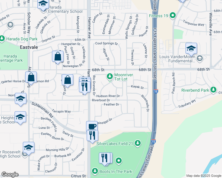 map of restaurants, bars, coffee shops, grocery stores, and more near 6920 Channel Court in Eastvale