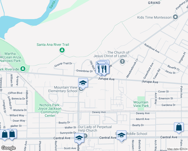 map of restaurants, bars, coffee shops, grocery stores, and more near 5065 Carlingford Avenue in Riverside