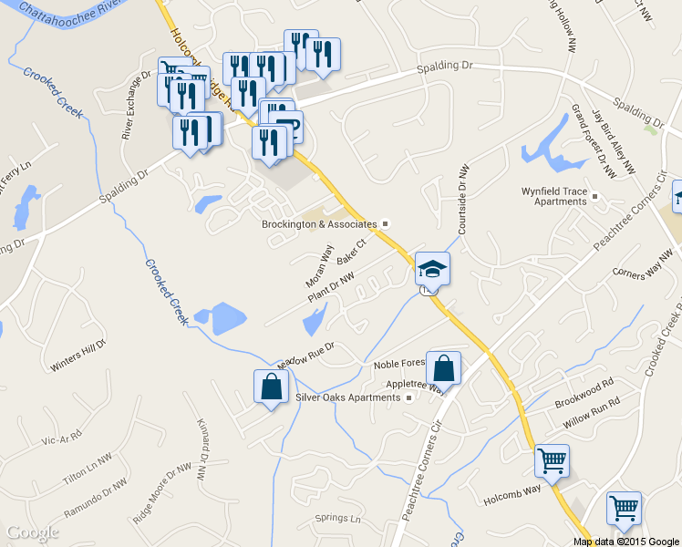 map of restaurants, bars, coffee shops, grocery stores, and more near 6368 Baker Court in Norcross