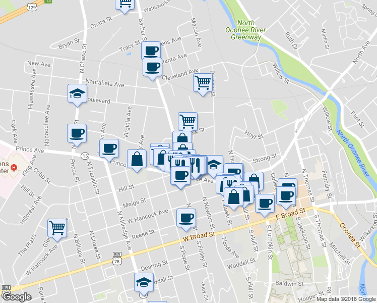 map of restaurants, bars, coffee shops, grocery stores, and more near 167 Childs Street in Athens