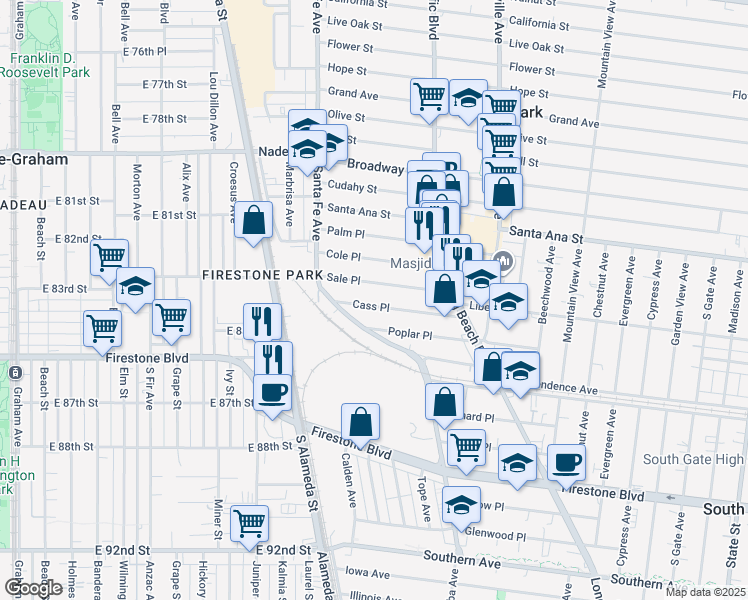 map of restaurants, bars, coffee shops, grocery stores, and more near 8436 Santa Fe Avenue in Huntington Park