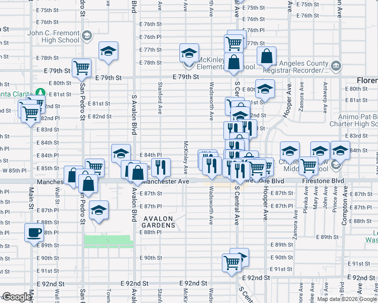map of restaurants, bars, coffee shops, grocery stores, and more near 816 East 84th Place in Los Angeles