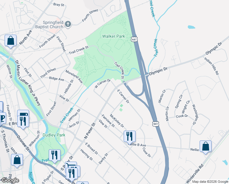 map of restaurants, bars, coffee shops, grocery stores, and more near 246 McKinley Drive in Athens