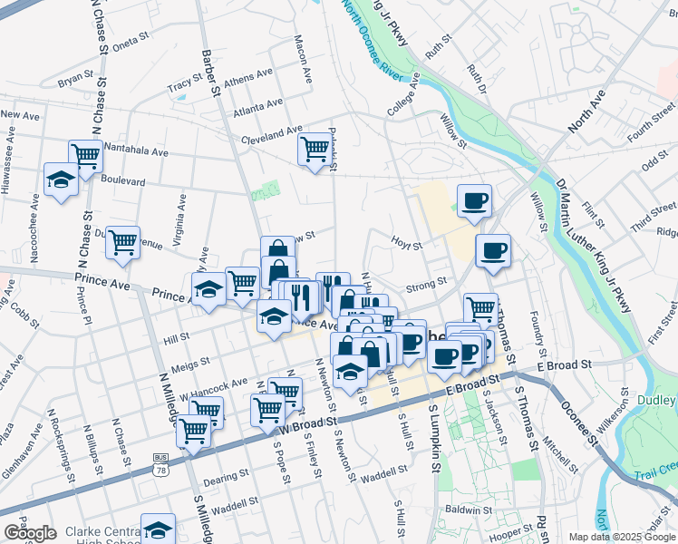 map of restaurants, bars, coffee shops, grocery stores, and more near 552 Pulaski Street in Athens