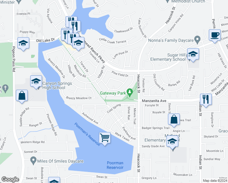 map of restaurants, bars, coffee shops, grocery stores, and more near 23835 Hazelwood Drive in Moreno Valley