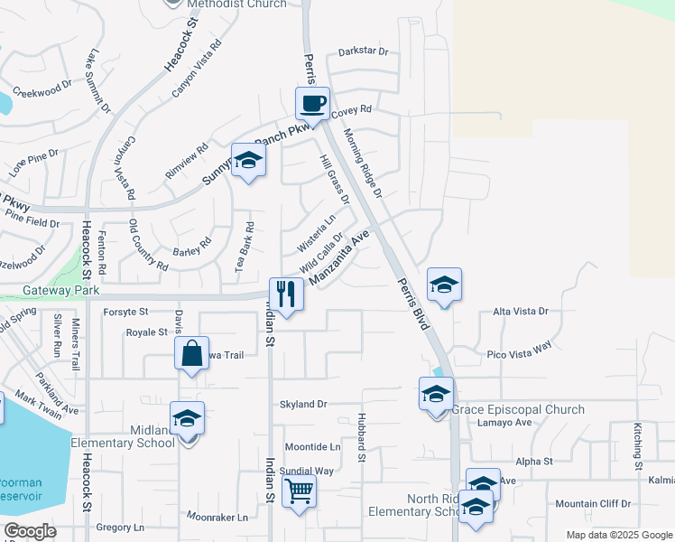 map of restaurants, bars, coffee shops, grocery stores, and more near 24682 Thornberry Circle in Moreno Valley