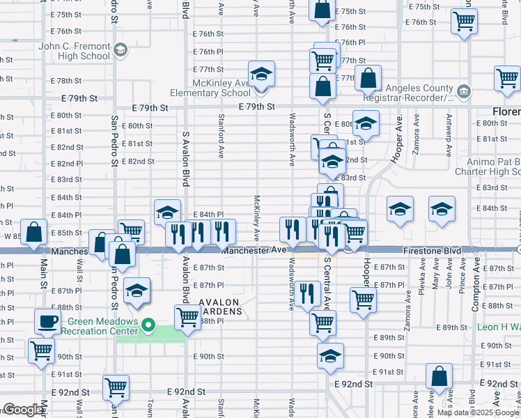 map of restaurants, bars, coffee shops, grocery stores, and more near 801 East 84th Place in Los Angeles