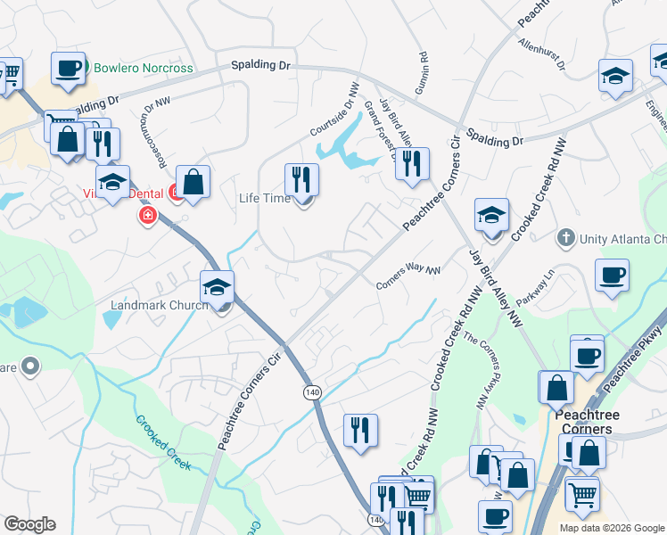 map of restaurants, bars, coffee shops, grocery stores, and more near 6141 Forest Hills Drive in Norcross