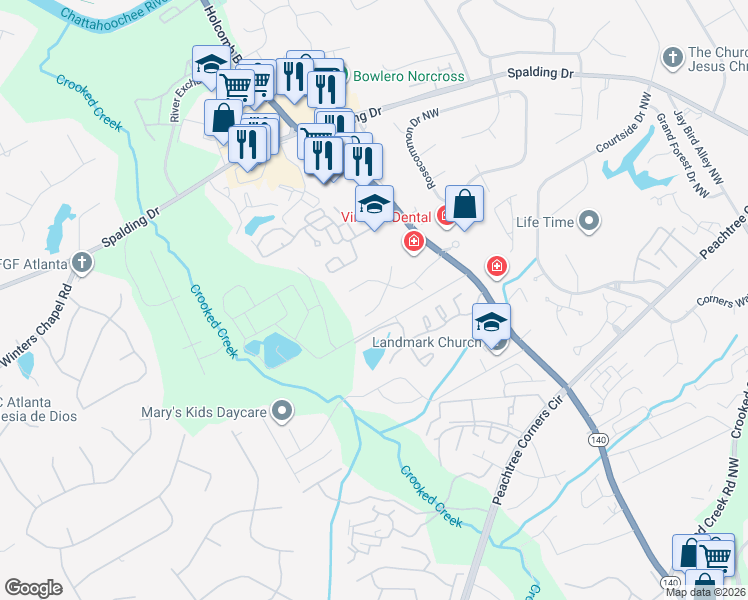 map of restaurants, bars, coffee shops, grocery stores, and more near 3846 Moran Way in Norcross