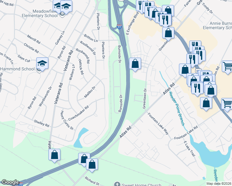 map of restaurants, bars, coffee shops, grocery stores, and more near 735 Burnside Drive in Columbia