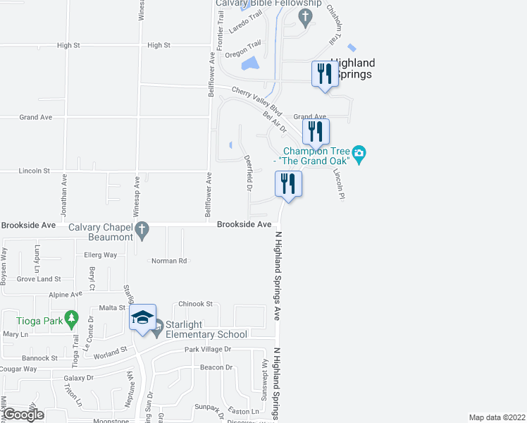 map of restaurants, bars, coffee shops, grocery stores, and more near 40948 Cypress Point Drive in Cherry Valley