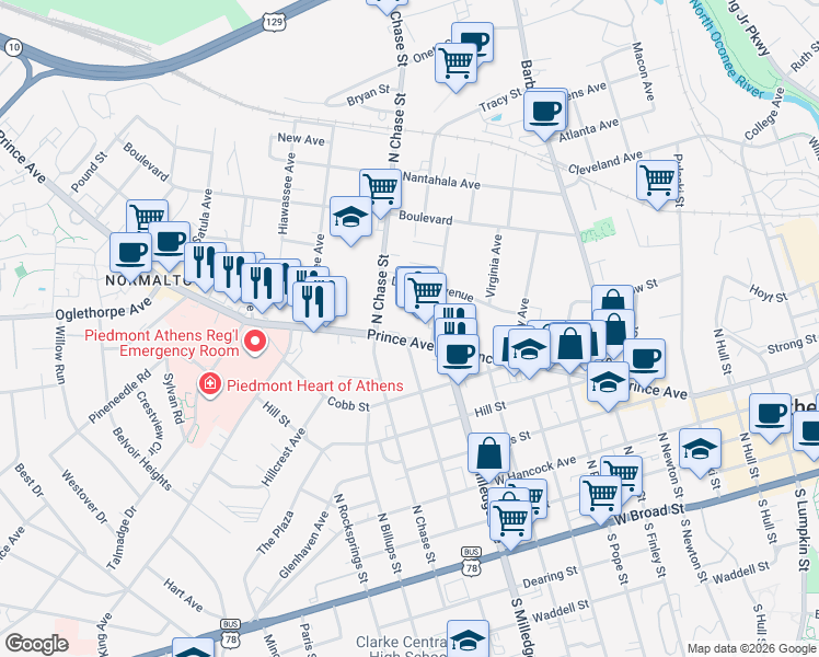 map of restaurants, bars, coffee shops, grocery stores, and more near 973 Prince Avenue in Athens