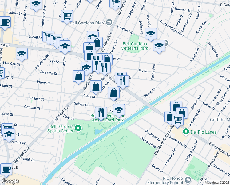 map of restaurants, bars, coffee shops, grocery stores, and more near 7653 Emil Avenue in Bell Gardens