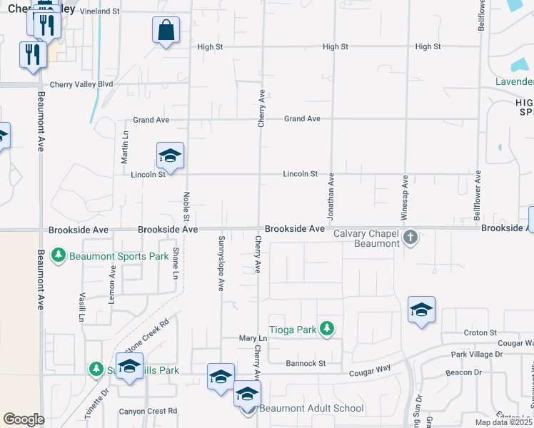 map of restaurants, bars, coffee shops, grocery stores, and more near 10956 Cherry Avenue in Cherry Valley