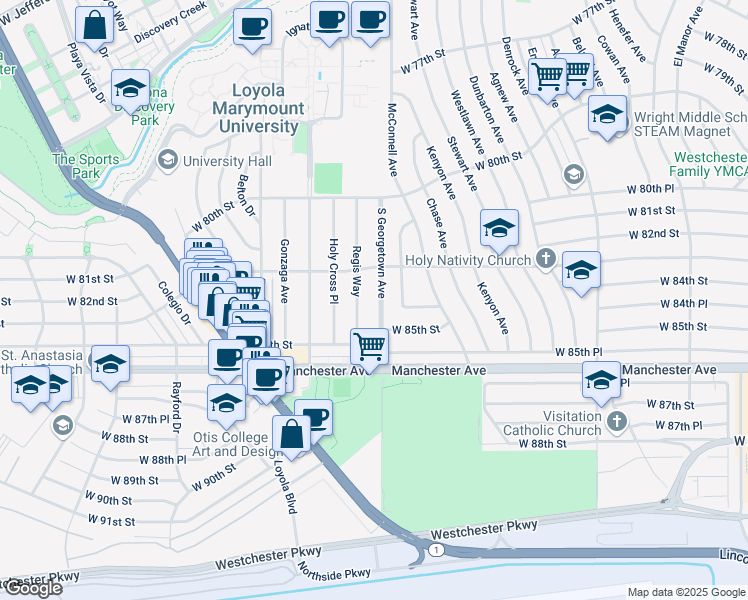 map of restaurants, bars, coffee shops, grocery stores, and more near 8306 Regis Way in Los Angeles