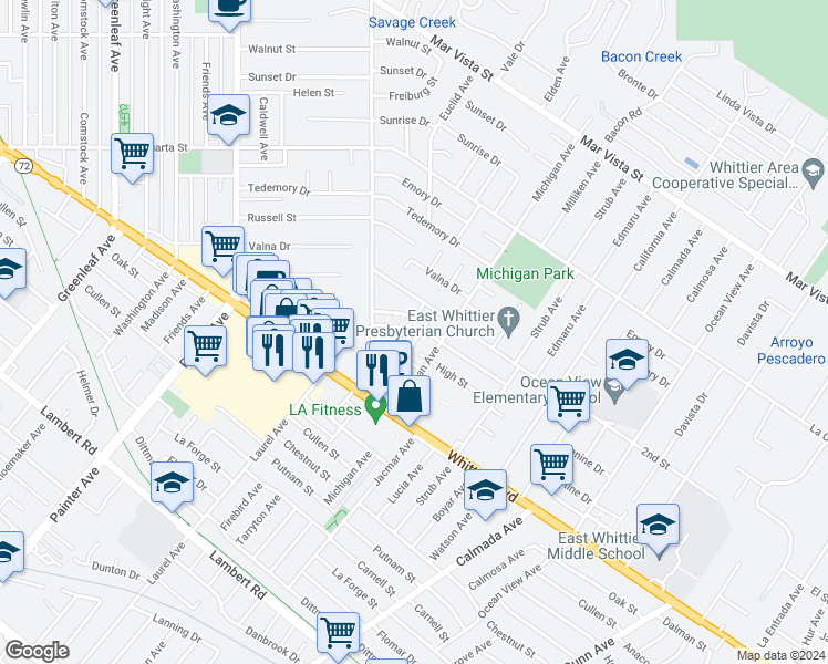 map of restaurants, bars, coffee shops, grocery stores, and more near 8330 Sargent Avenue in Whittier