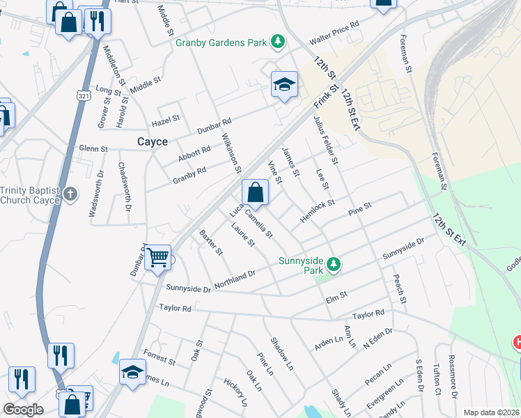 map of restaurants, bars, coffee shops, grocery stores, and more near 1423 Lucas Street in Cayce