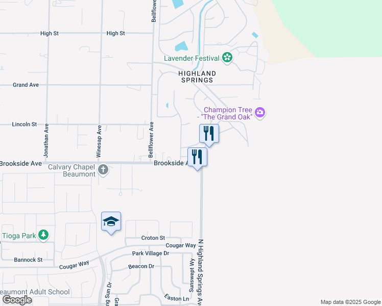 map of restaurants, bars, coffee shops, grocery stores, and more near 40948 Cypress Point Drive in Cherry Valley