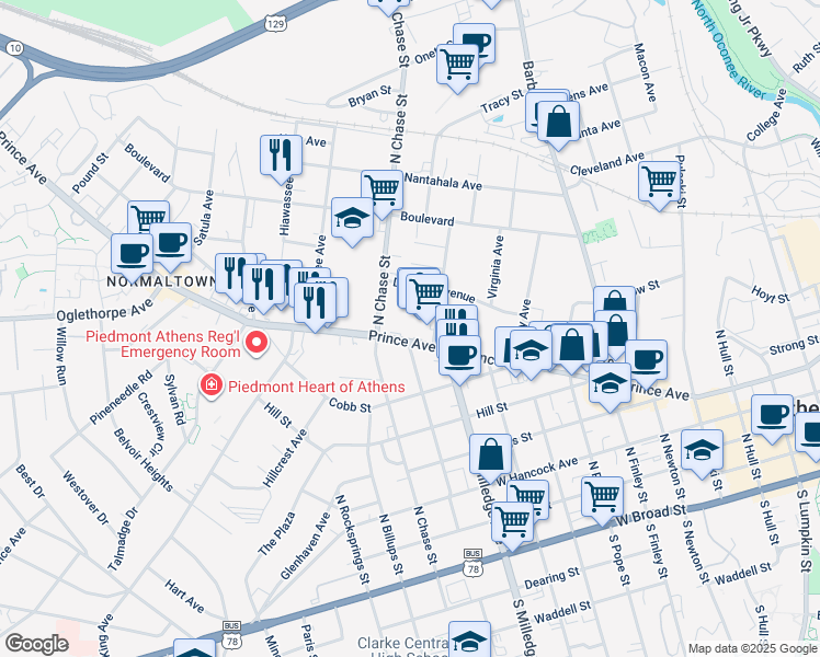 map of restaurants, bars, coffee shops, grocery stores, and more near 892 Prince Avenue in Athens