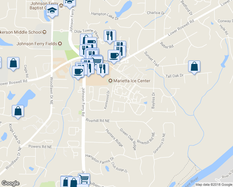 map of restaurants, bars, coffee shops, grocery stores, and more near 659 Serramonte Drive in Marietta