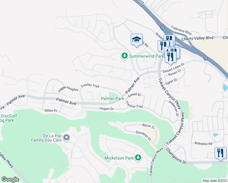 map of restaurants, bars, coffee shops, grocery stores, and more near 35242 Trevino Trail in Beaumont