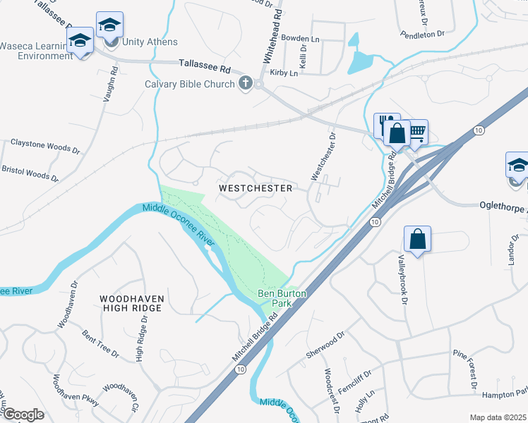 map of restaurants, bars, coffee shops, grocery stores, and more near 169 Westchester Circle in Athens