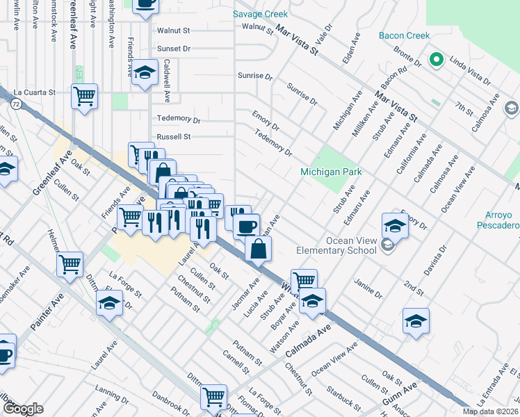 map of restaurants, bars, coffee shops, grocery stores, and more near 8330 Sargent Avenue in Whittier