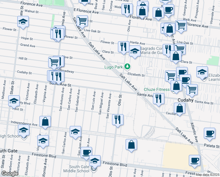 map of restaurants, bars, coffee shops, grocery stores, and more near 4067 Cudahy Street in Huntington Park