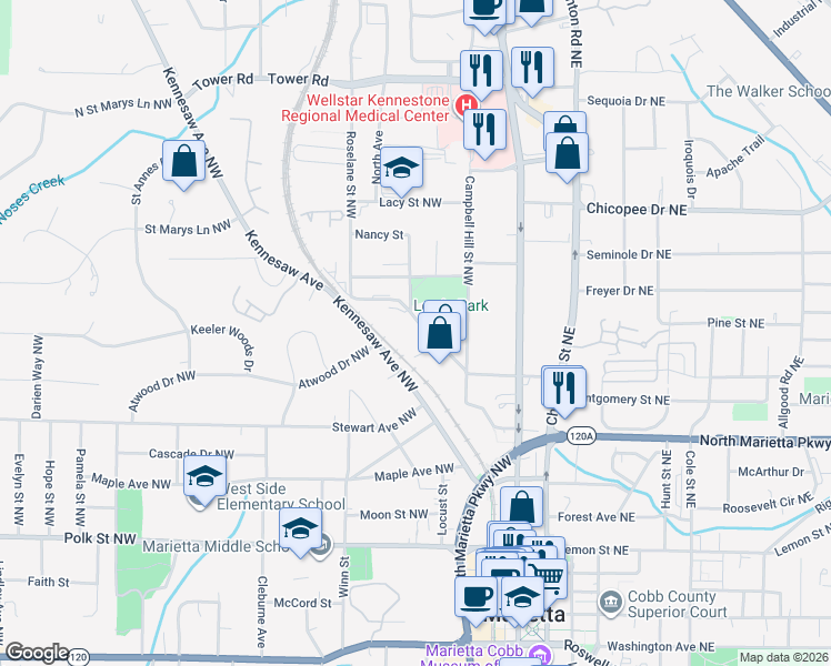 map of restaurants, bars, coffee shops, grocery stores, and more near 445 Sessions Street in Marietta