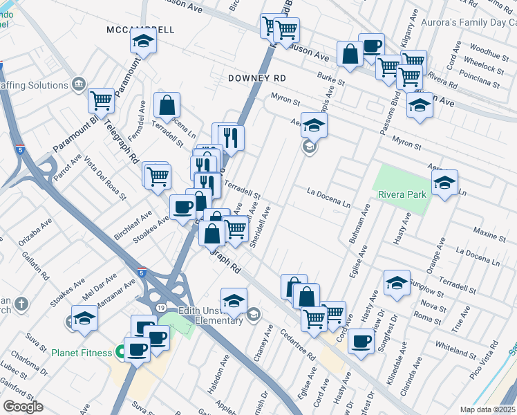 map of restaurants, bars, coffee shops, grocery stores, and more near 8414 Cravell Avenue in Pico Rivera