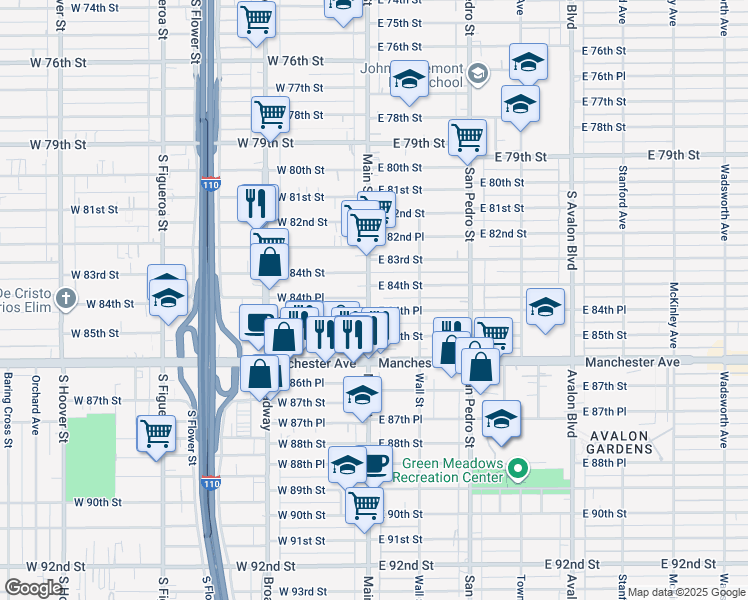 map of restaurants, bars, coffee shops, grocery stores, and more near 103 East 84th Street in Los Angeles