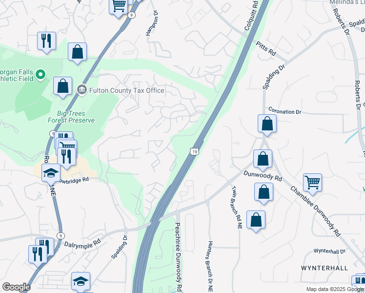 map of restaurants, bars, coffee shops, grocery stores, and more near 7580 Colquitt Road in Atlanta
