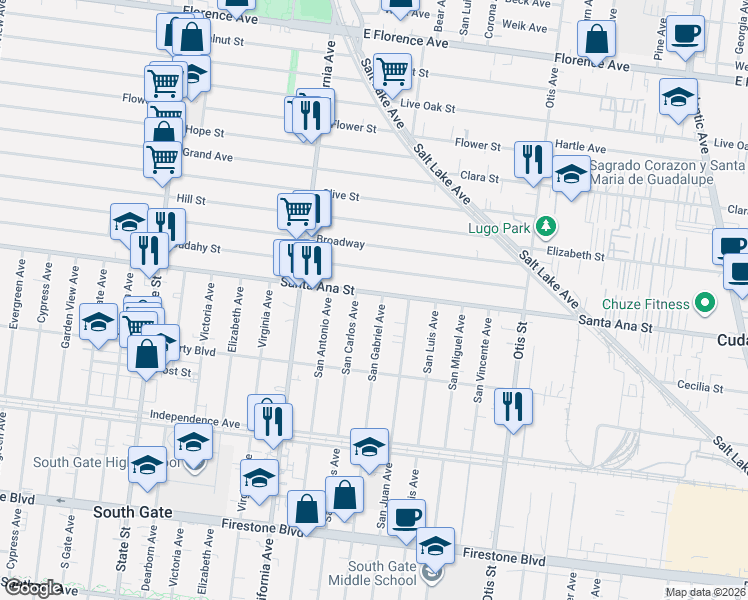 map of restaurants, bars, coffee shops, grocery stores, and more near 3722 Cudahy Street in Huntington Park