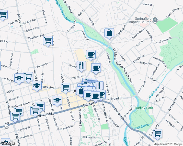 map of restaurants, bars, coffee shops, grocery stores, and more near 280 East Dougherty Street in Athens