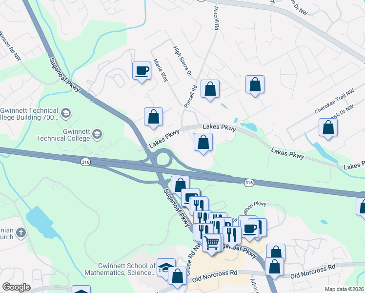 map of restaurants, bars, coffee shops, grocery stores, and more near 1750 Lakes Parkway in Lawrenceville