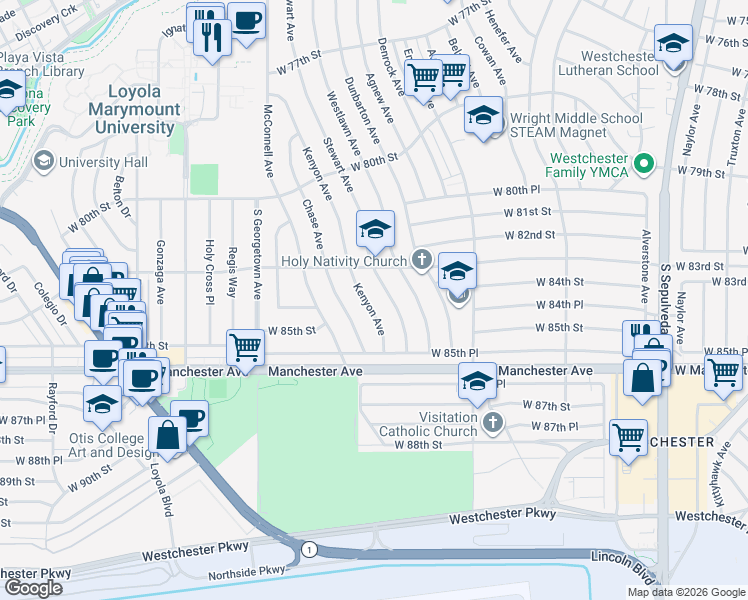 map of restaurants, bars, coffee shops, grocery stores, and more near 8344 Kenyon Avenue in Los Angeles