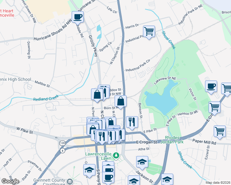 map of restaurants, bars, coffee shops, grocery stores, and more near 164 Maddox Street in Lawrenceville