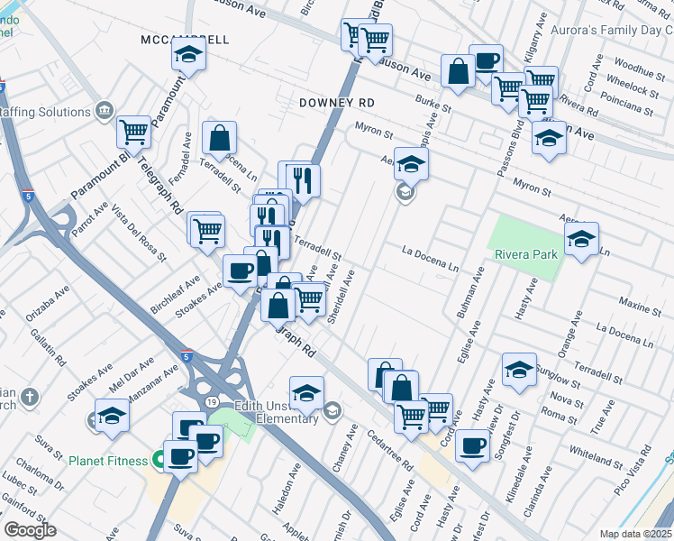 map of restaurants, bars, coffee shops, grocery stores, and more near 8414 Cravell Avenue in Pico Rivera