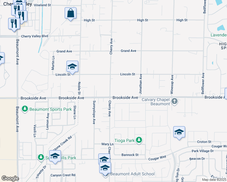 map of restaurants, bars, coffee shops, grocery stores, and more near 10887 Cherry Avenue in Cherry Valley
